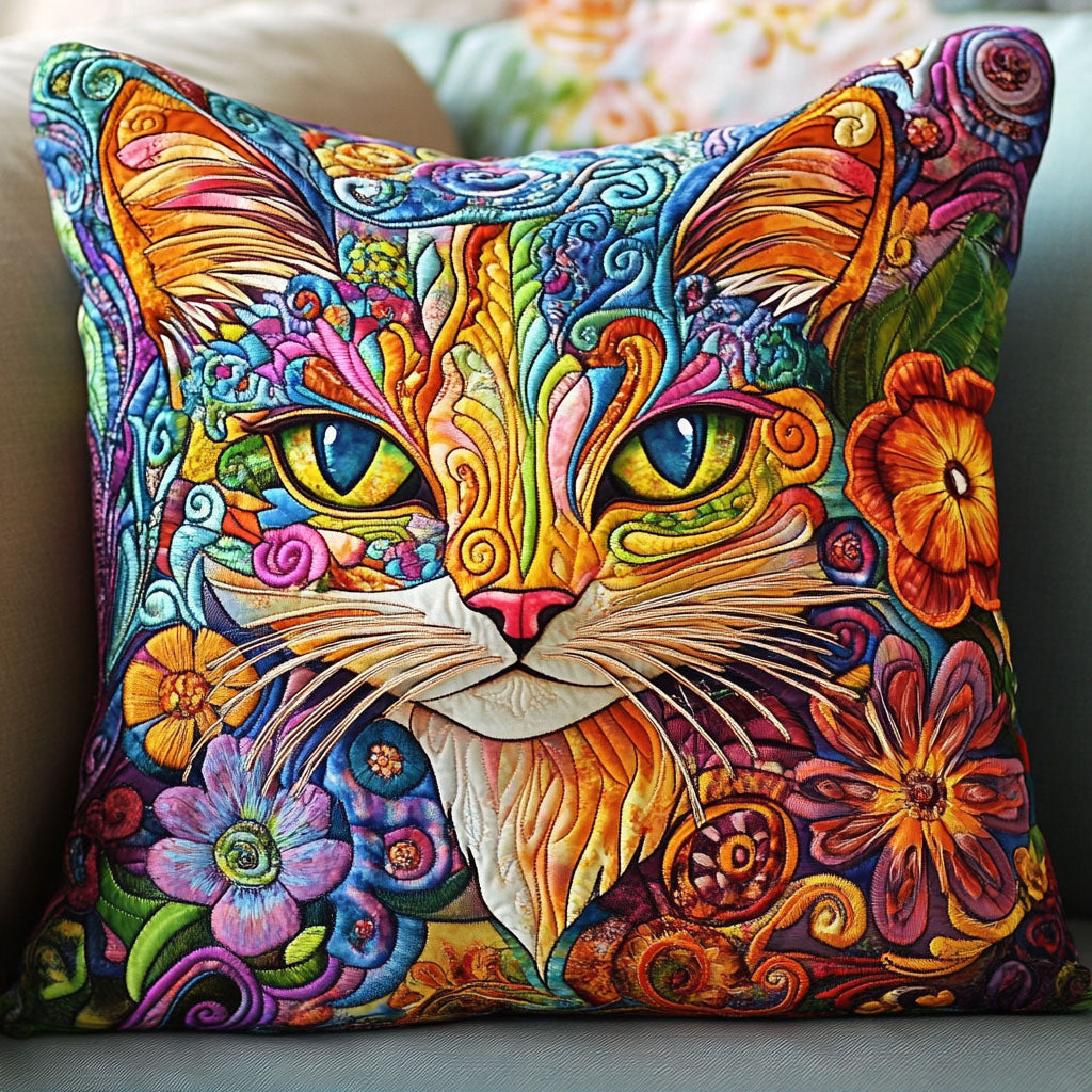 Floral Cat Whimsy Quilted Pillow Case NCU0NT6267