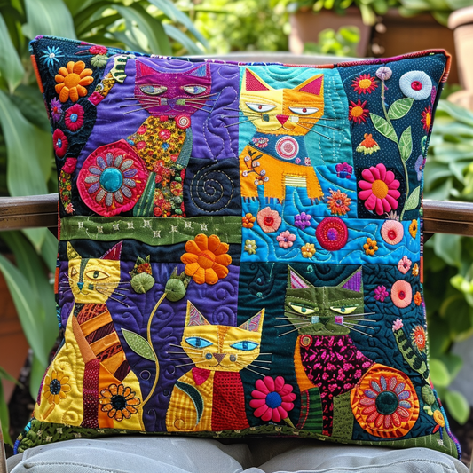 Floral Colorful Cats Quilted Pillow Case NCU0PD354