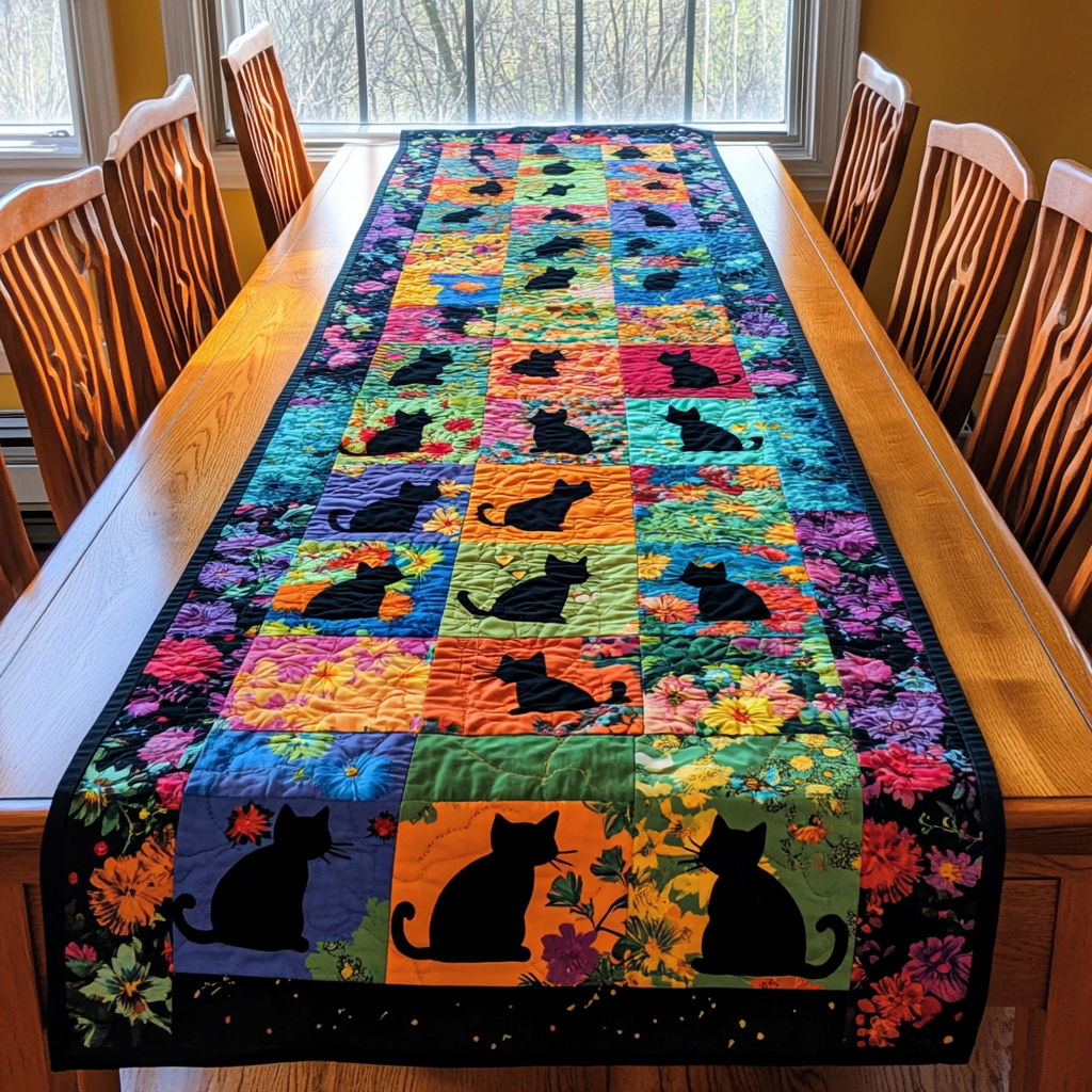 Floral Colorful Cats Quilted Table Runner NCU0PD442