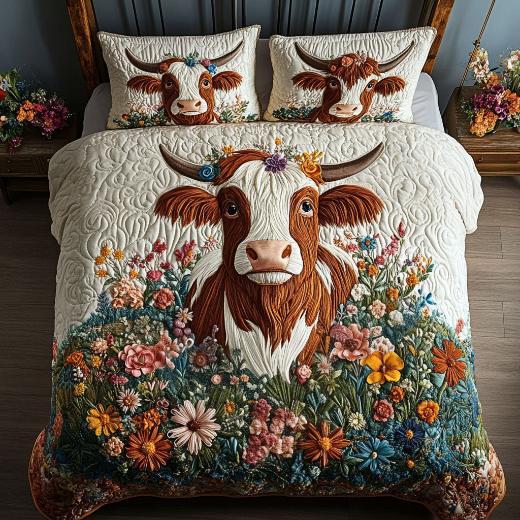Floral Cow Dreamscape 3-Piece Quilted Bedding Set NCU0PT5724