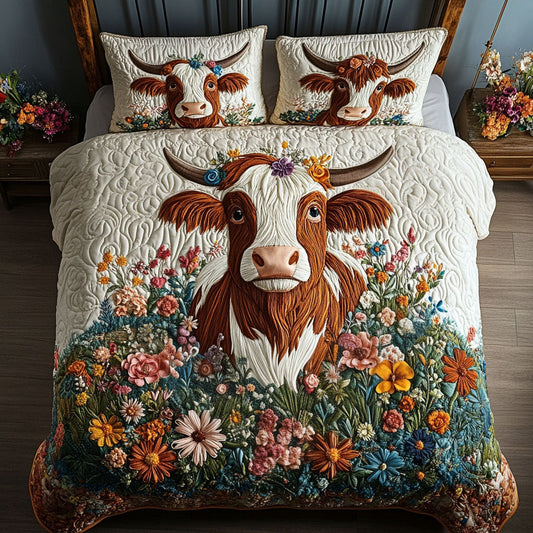Floral Cow Dreamscape 3-Piece Quilted Bedding Set NCU0PT5724
