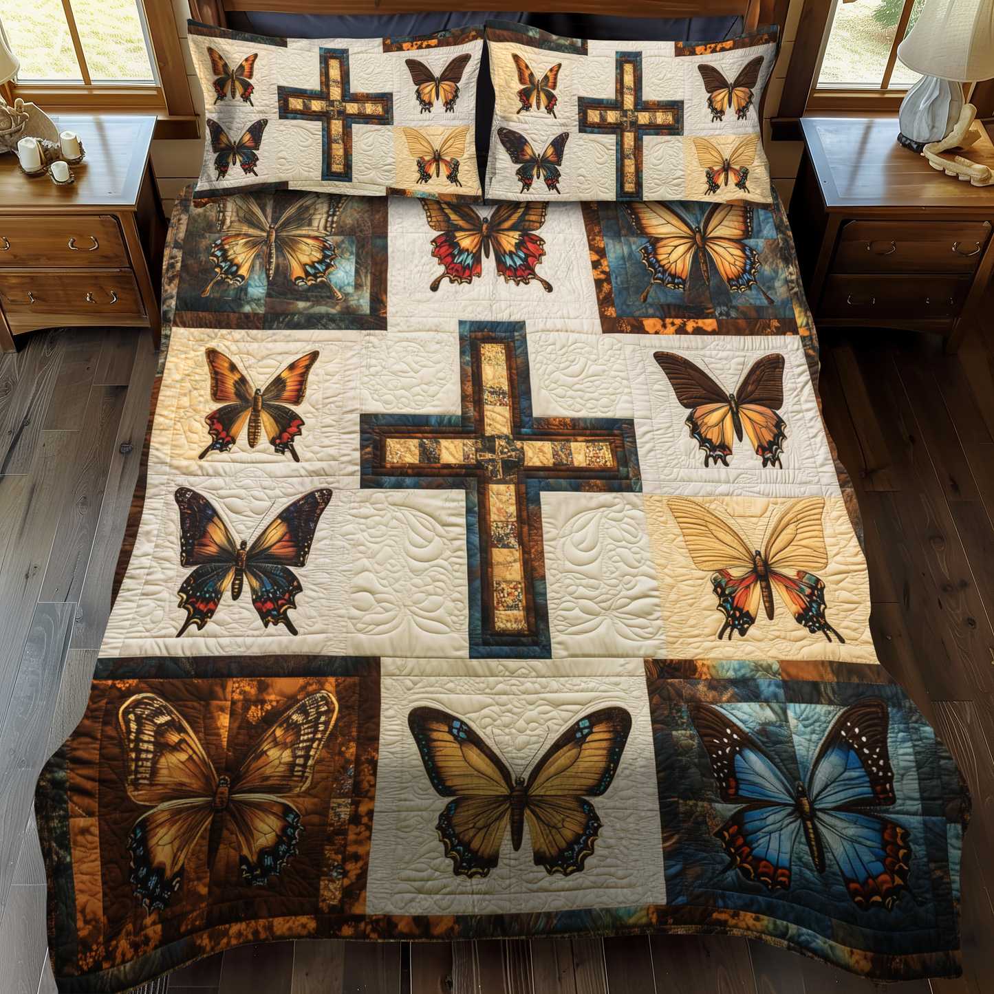 Floral Cross 3-Piece Quilted Bedding Set NCU0VL494