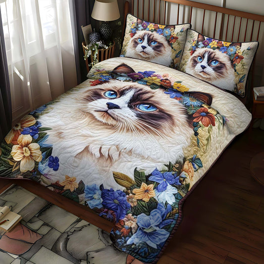 Floral Crown Cat 3-Piece Quilted Bedding Set NCU0NT997