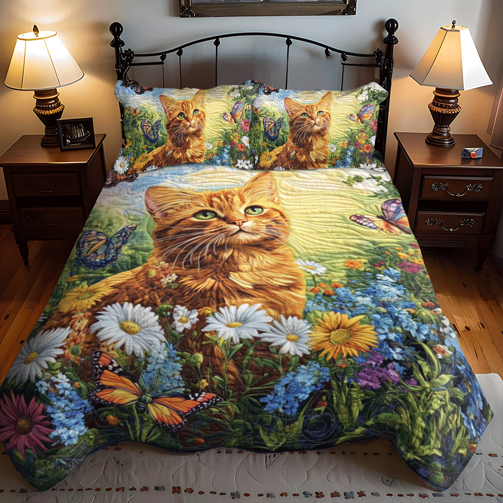 Floral Daisy Cat 3-Piece Quilted Bedding Set NCU0PD624