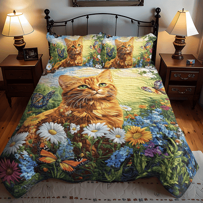 Floral Daisy Cat 3-Piece Quilted Bedding Set NCU0PD624