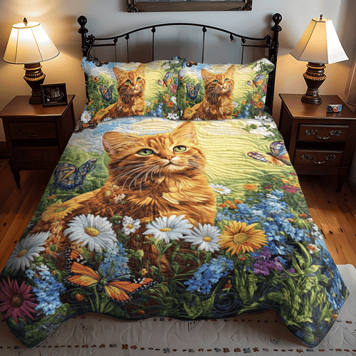 Floral Daisy Cat 3-Piece Quilted Bedding Set NCU0PD624