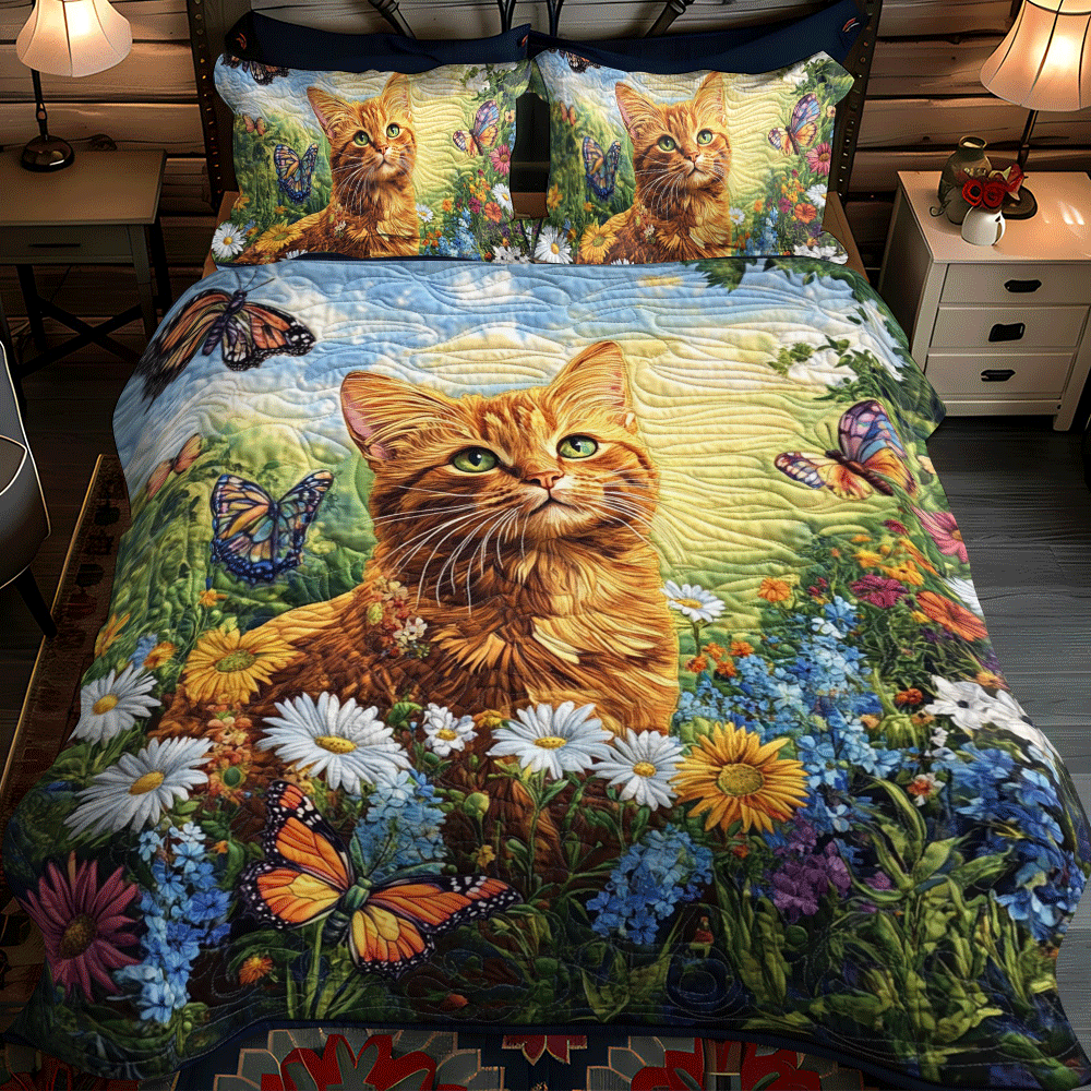 Floral Daisy Cat 3-Piece Quilted Bedding Set NCU0PD624