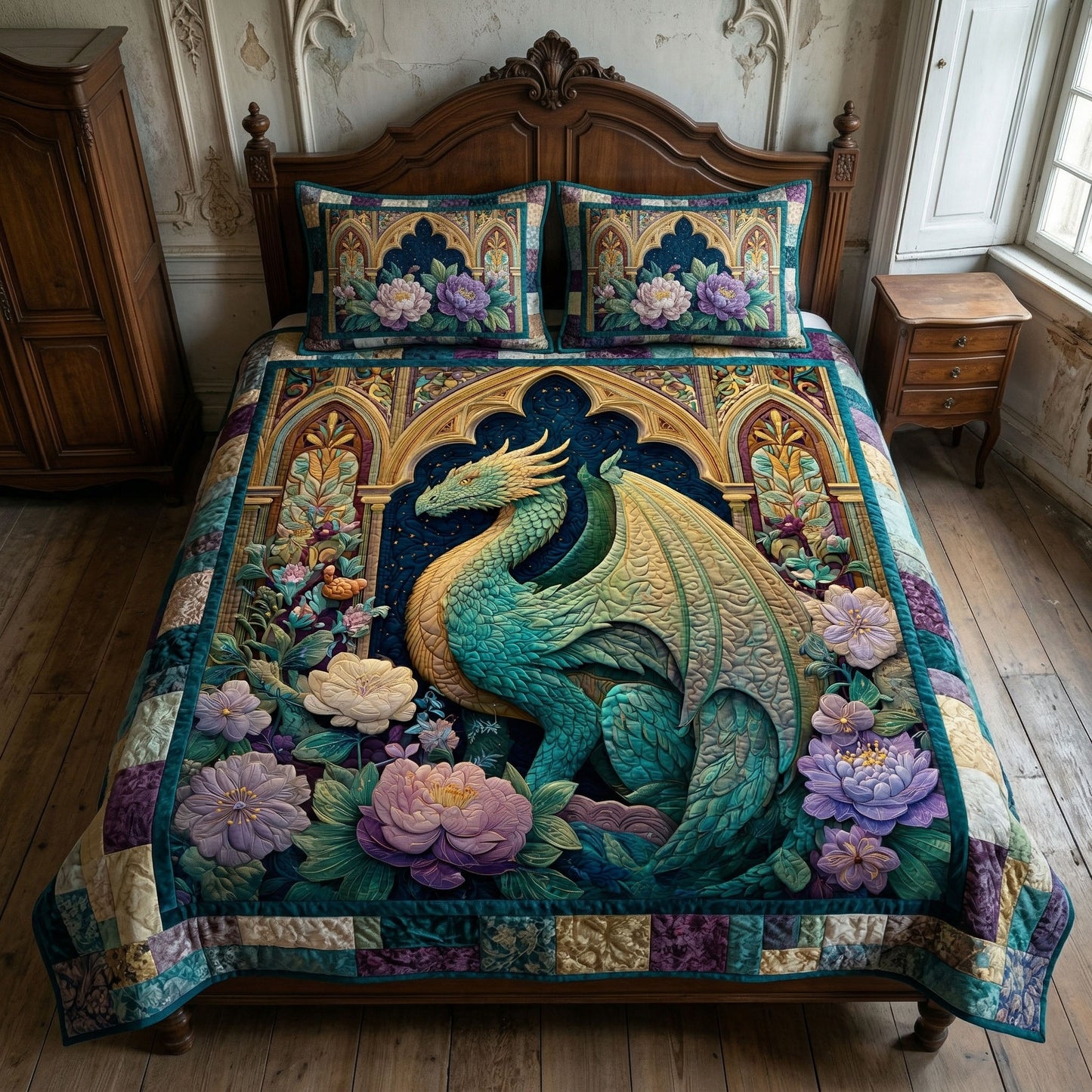 Floral Dragon 3-Piece Quilted Bedding Set NCU0NT12678