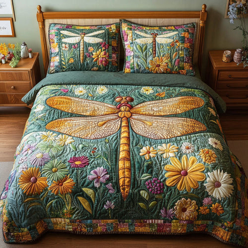 Floral Dragonfly 3-Piece Quilted Bedding Set NCU0TD2469