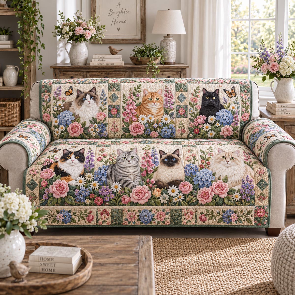 Floral Feline Gathering Quilted Sofa Cover NCU0DV10092