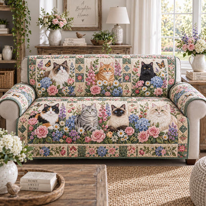 Floral Feline Gathering Quilted Sofa Cover NCU0DV10092