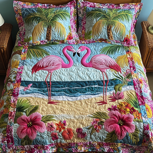 Floral Flamingo 3-Piece Quilted Bedding Set NCU0DK9042