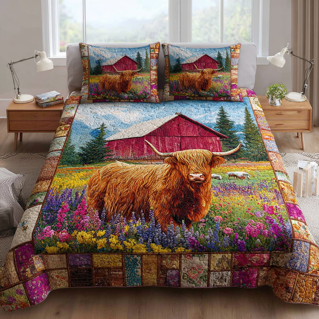 Floral Highland Cow 3-Piece Quilted Bedding Set NCU0HH1186