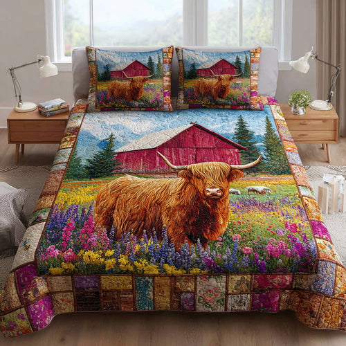 Floral Highland Cow 3-Piece Quilted Bedding Set NCU0HH1186
