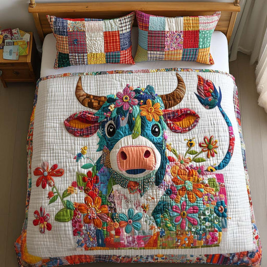 Floral Highland Cow 3-Piece Quilted Bedding Set NCU0NT8289