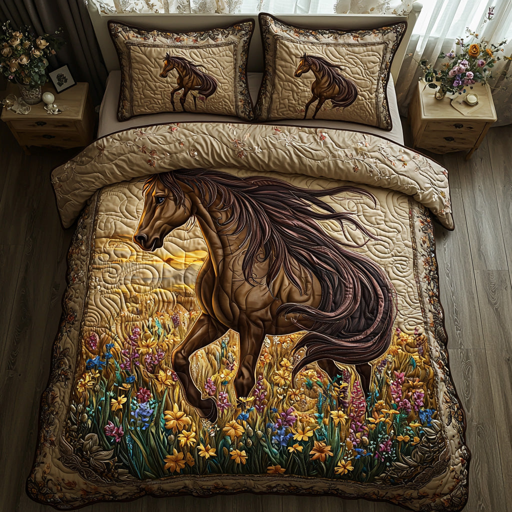 Floral Horse 3-Piece Quilted Bedding Set NCU0DV6393