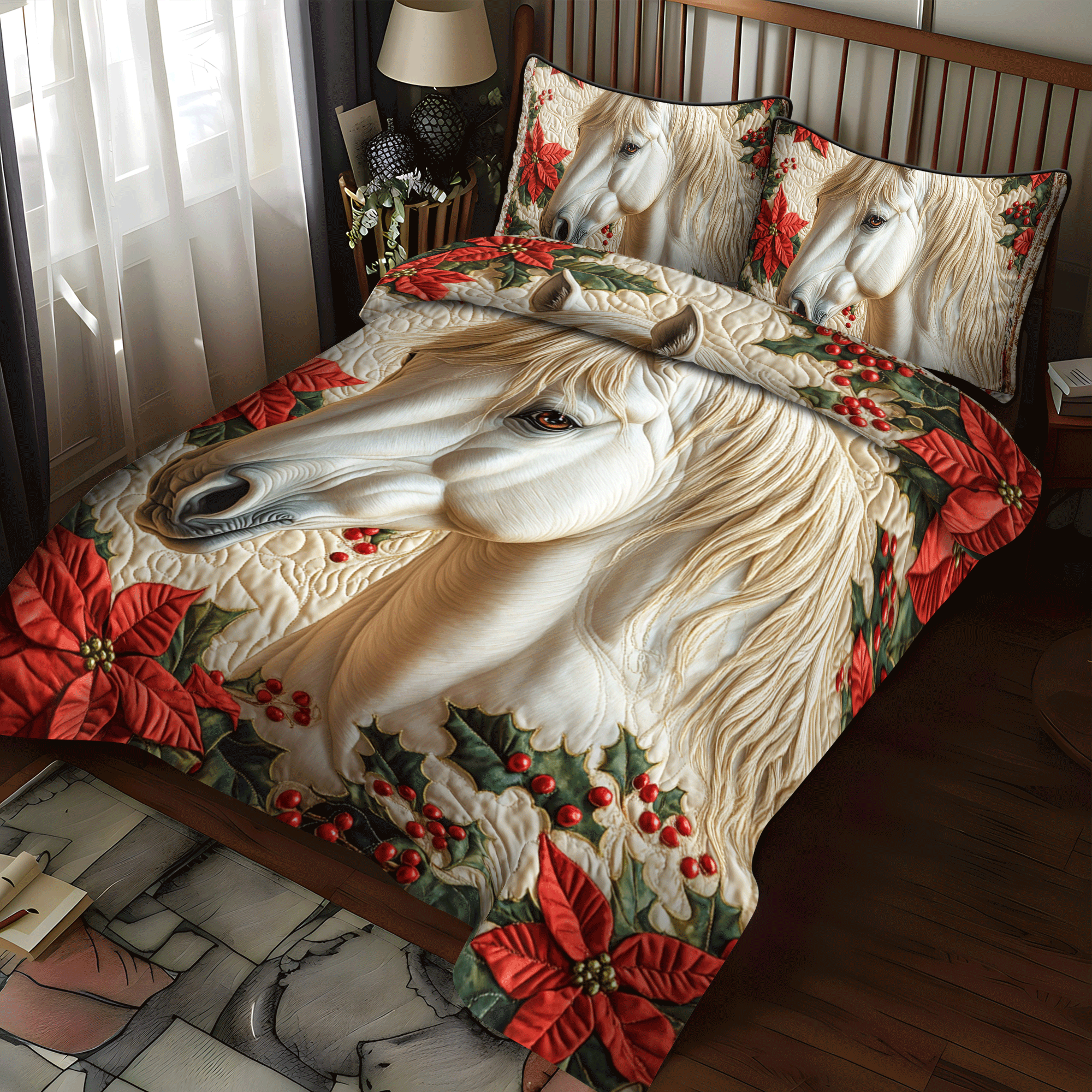 Majestic White Horse 3-Piece Quilted Bedding Set NCU0PD163