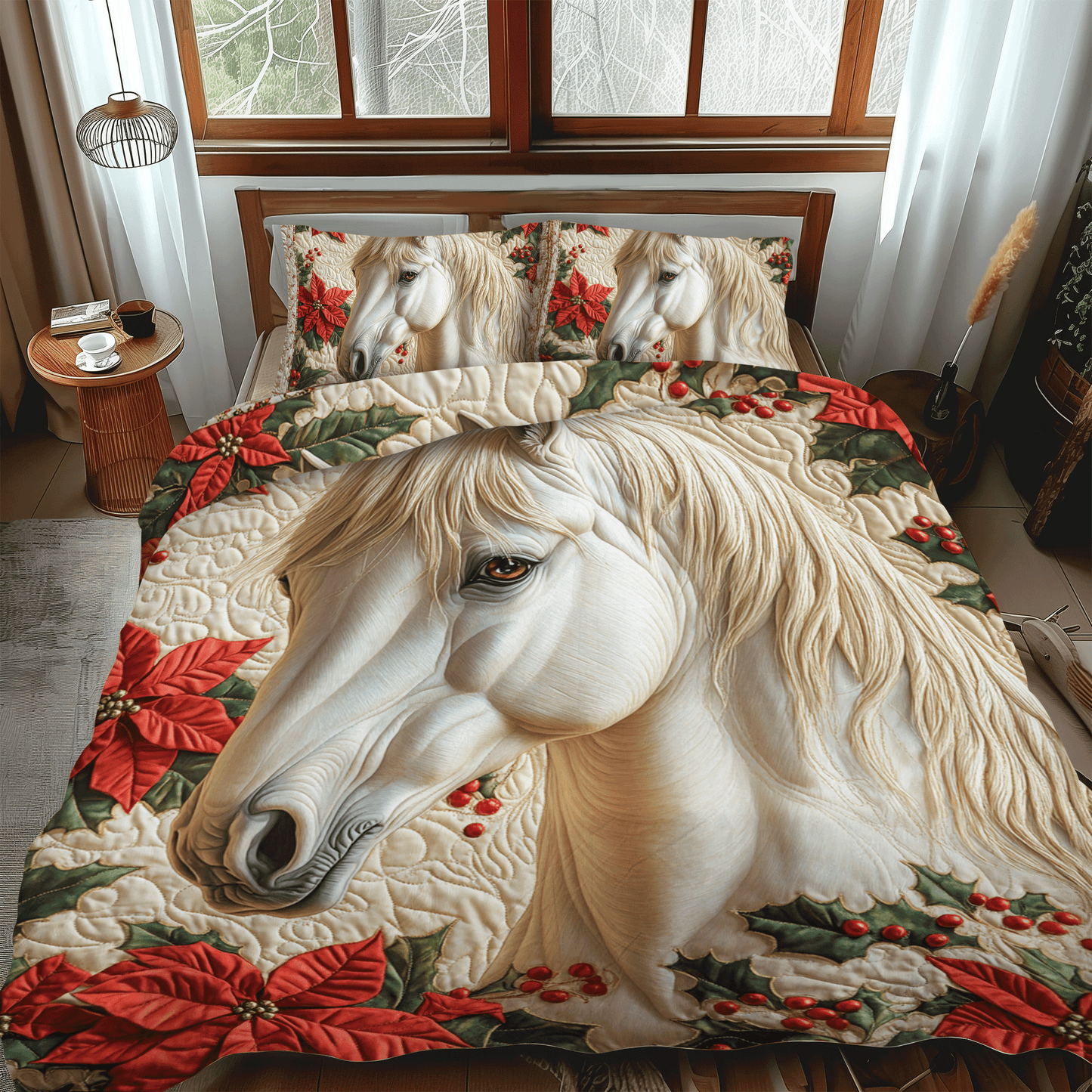 Floral Horse 3-Piece Quilted Bedding Set NCU0DV1140