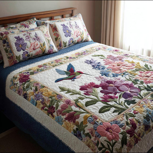 Floral Hummingbird 3-Piece Quilted Bedding Set NCU0DV9346