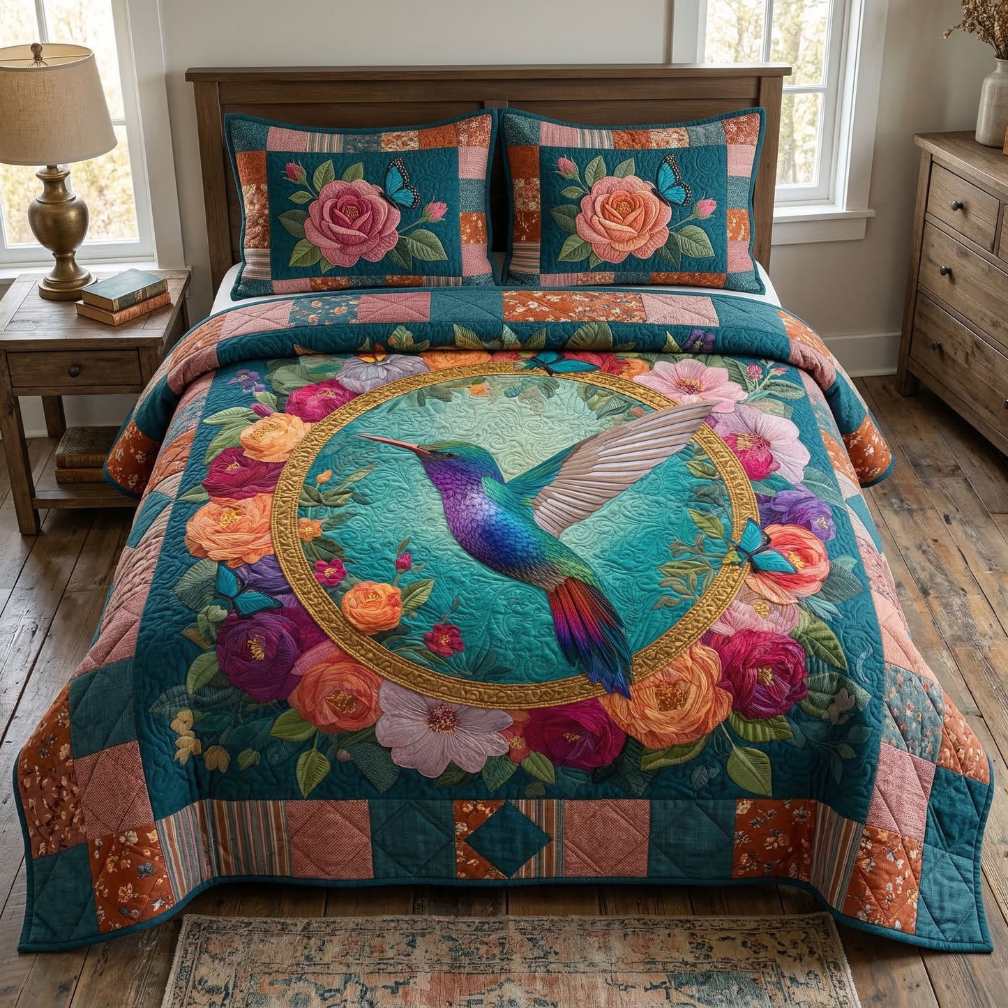 Floral Hummingbird 3-Piece Quilted Bedding Set NCU0NT12546