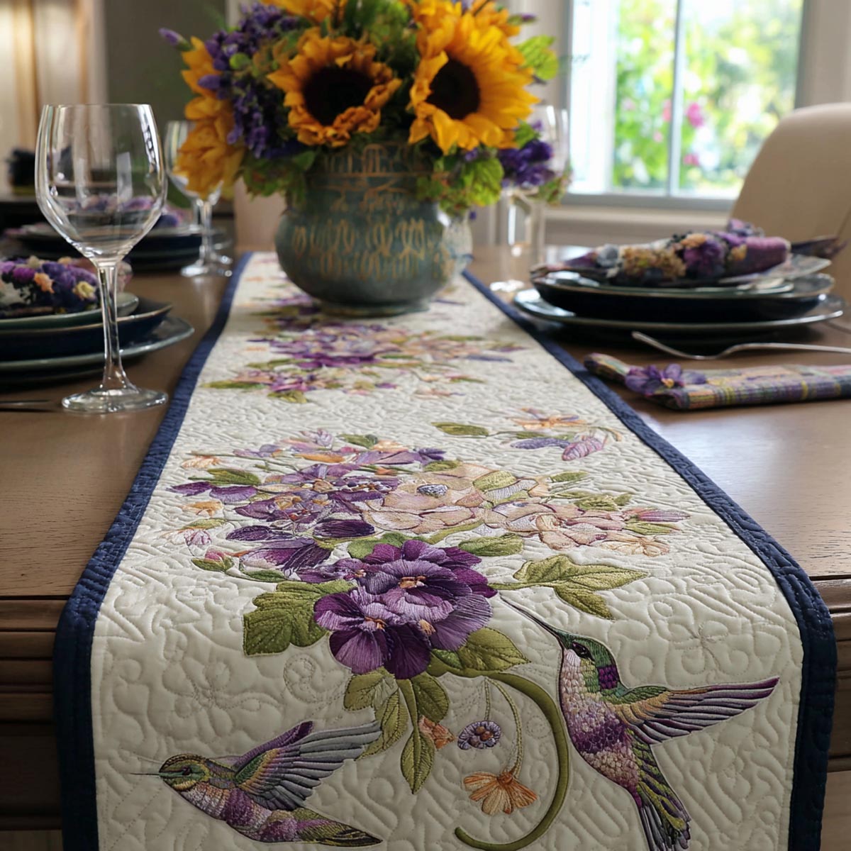 Floral Hummingbird Quilted Table Runner NCU0DV9504