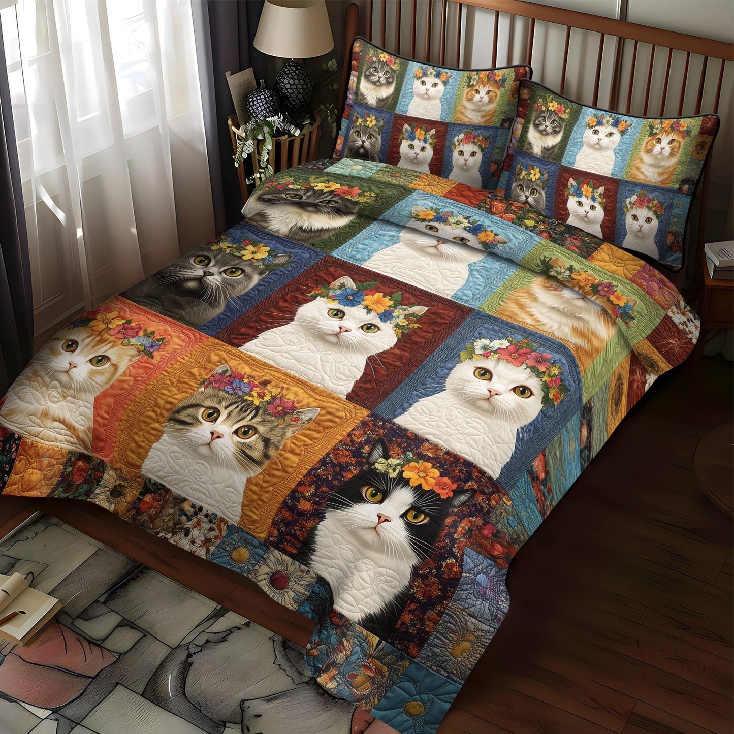 Floral Kitty 3-Piece Quilted Bedding Set NCU0TL1201
