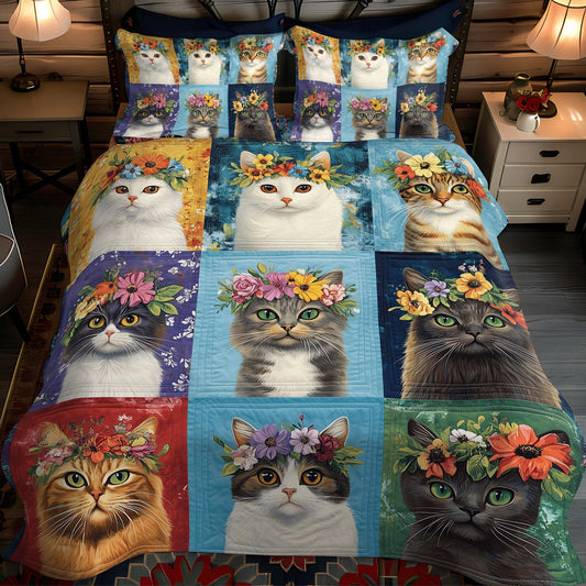 Floral Kitty Parade 3-Piece Quilted Bedding Set NCU0TL1198