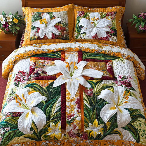 Floral Lily Cross 3-Piece Quilted Bedding Set NCU0NT5095