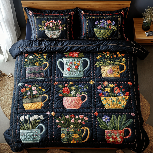 Floral Mugs 3-Piece Quilted Bedding Set NCU0DK9308