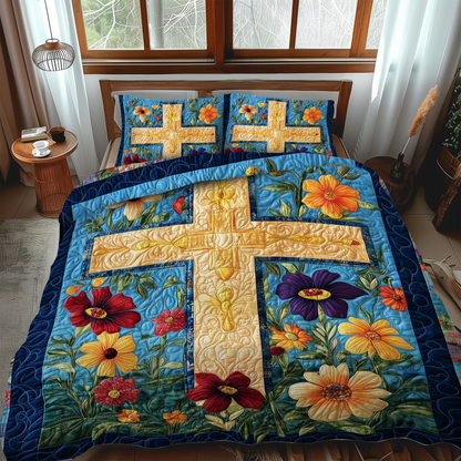 Floral Patchwork Cross 3-Piece Quilted Bedding Set NCU0VL497