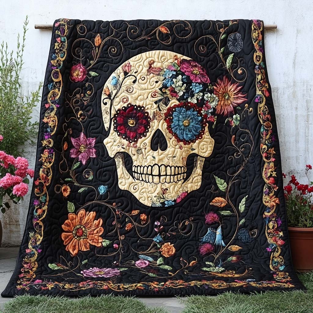 Floral Skull Charm Quilted Blanket NCU0NT7927