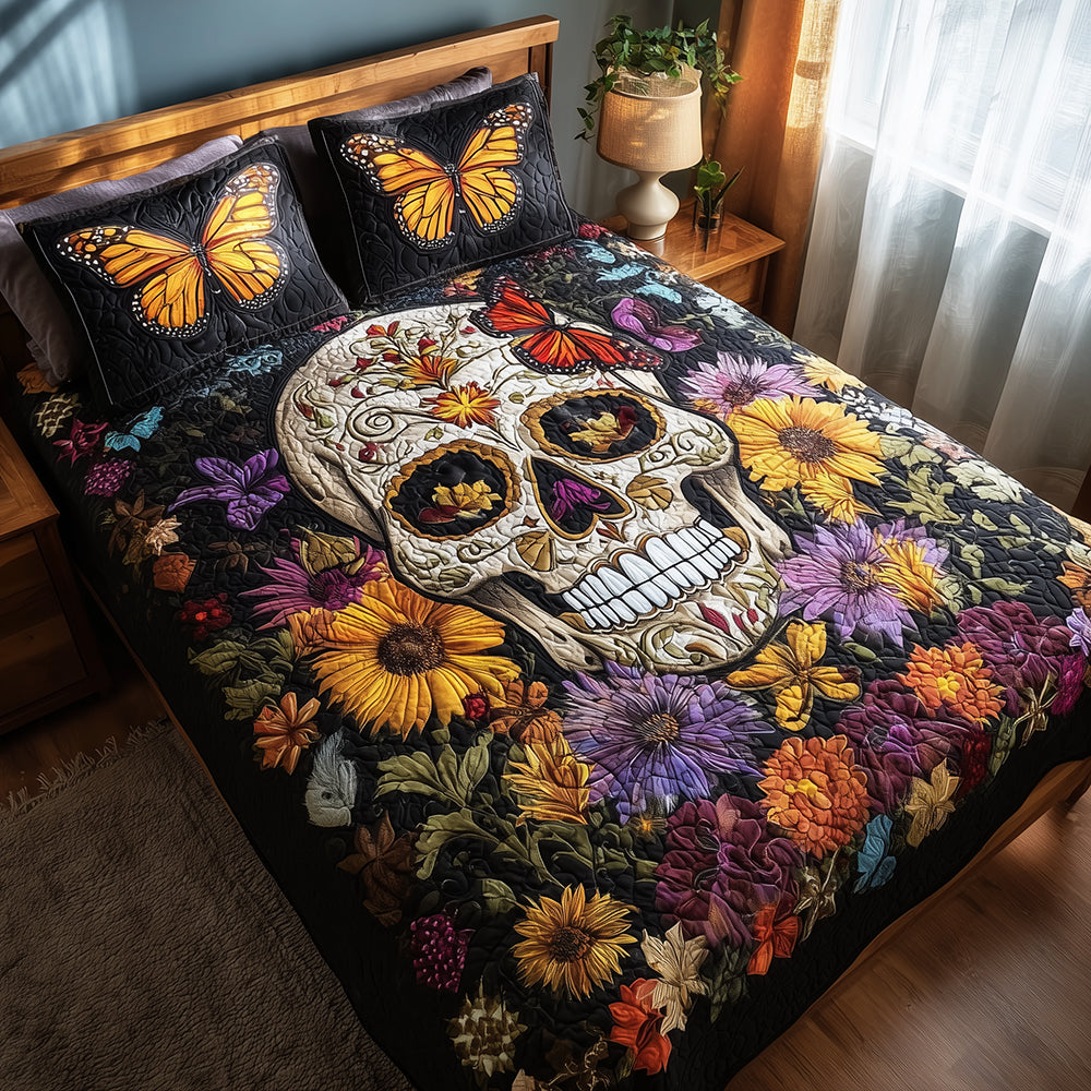 Floral Skull Quilted Bedding Set NCU0TH3197
