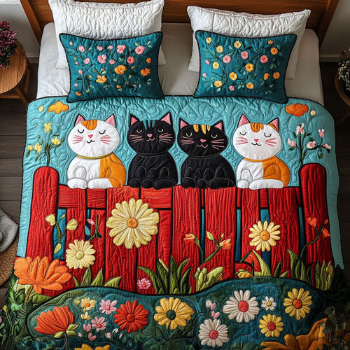 Floral Trio Cats 3-Piece Quilted Bedding Set NCU0NT7348