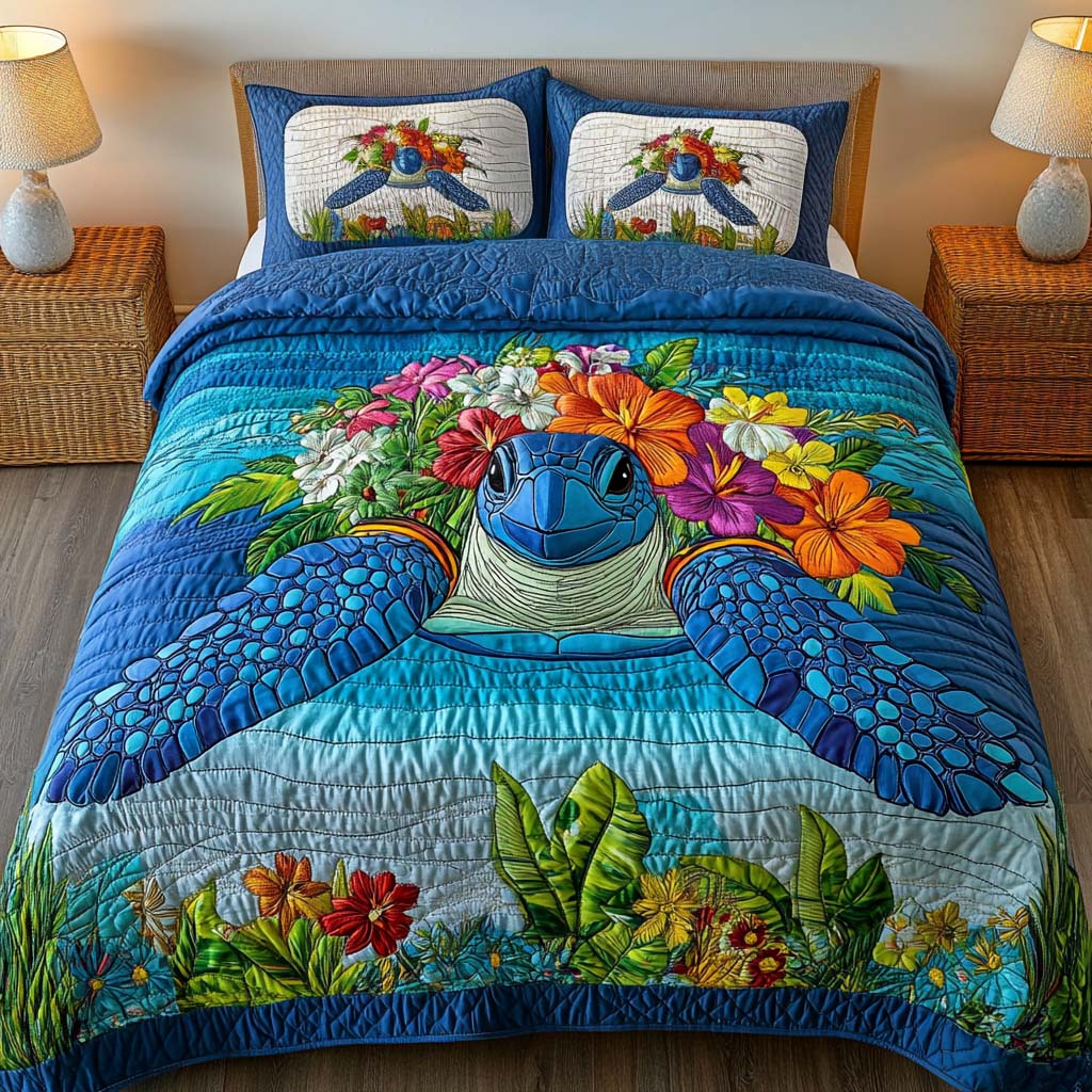 Floral Turtle 3-Piece Quilted Bedding Set NCU0NT2155