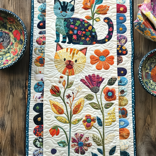 Floral Whimsical Cat Quilted Table Runner NCU0PD449