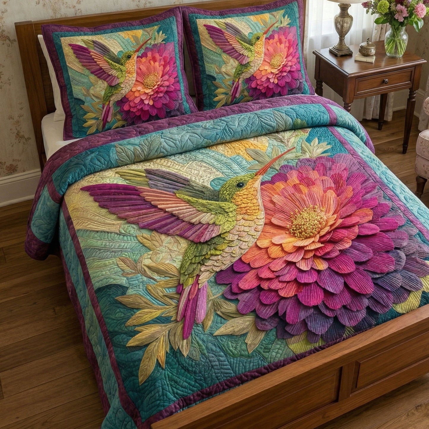 Floral Zinnia Glow 3-Piece Quilted Bedding Set NCU0NT12739