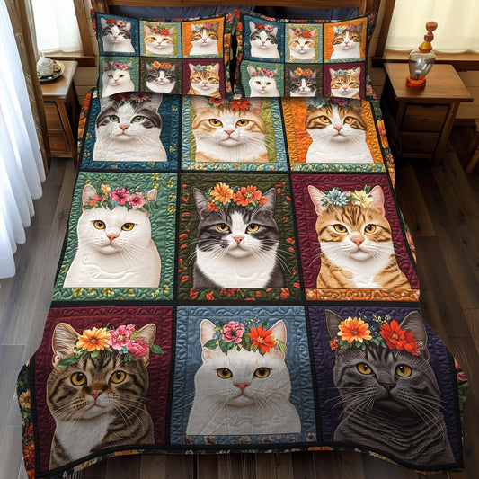 Flower Crown Felines 3-Piece Quilted Bedding Set NCU0TL1196