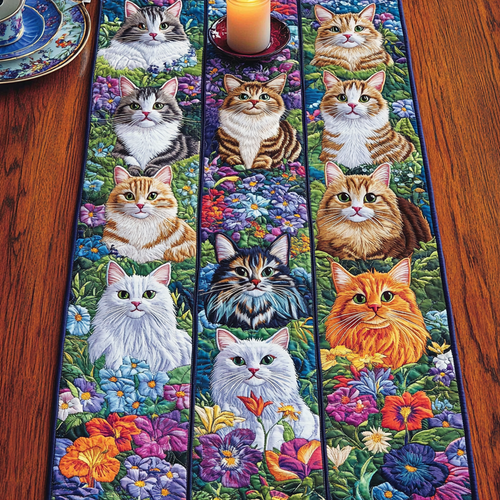 Flower Kittens Quilted Table Runner NCU0VH5043