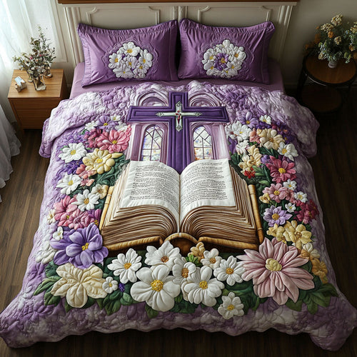 Flowered Cross 3-Piece Quilted Bedding Set NCU0NT6718