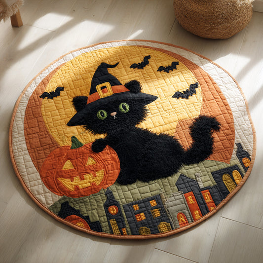 Fluffy Black Cat Halloween Quilted Round Mat NCU0HH022