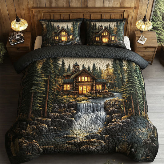 Forest Cabin Waterfall 3-Piece Quilted Bedding Set NCU0NT5166