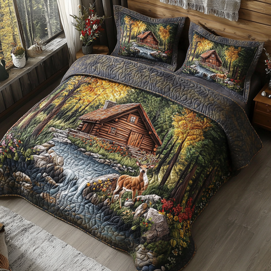 Forest Deer Lodge 3-Piece Quilted Bedding Set NCU0VL2606