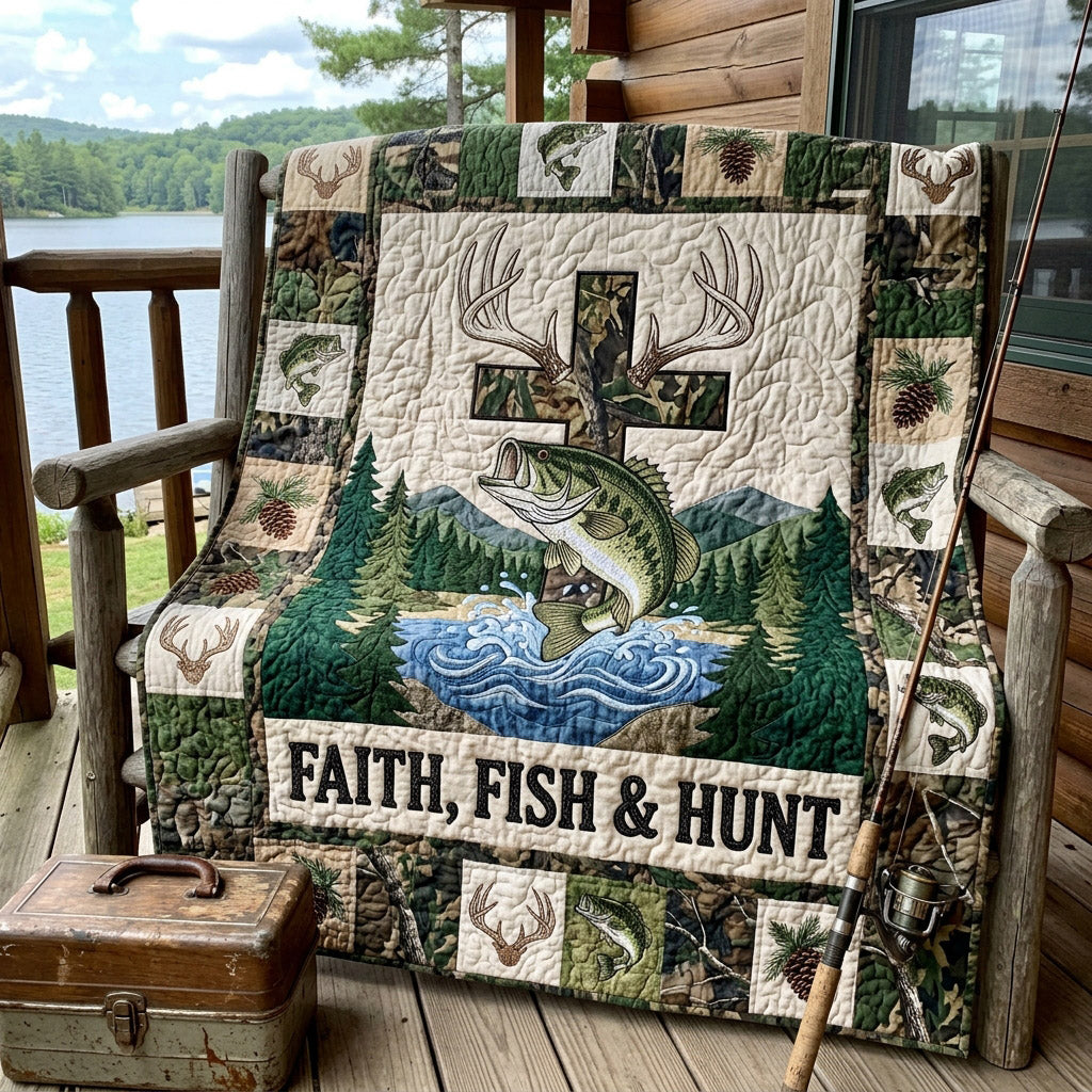 Forest Fishing Hunt Quilted Blanket NCU0HH1998
