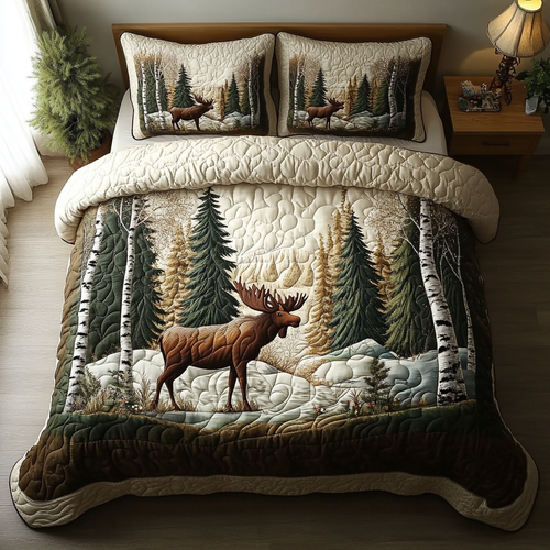 Forest Moose 3-Piece Quilted Bedding Set NCU0DK7459