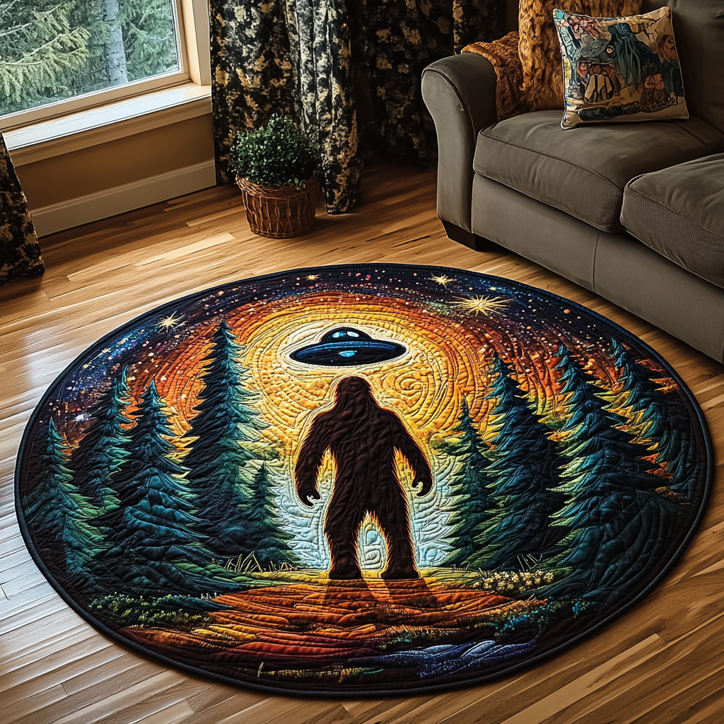 Forest Sasquatch and UFO Quilted Round Mat NCU0DV5892