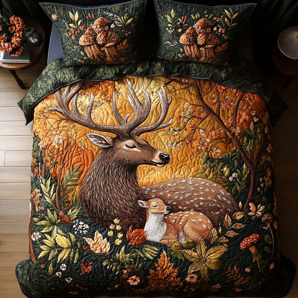 Forest Stag Family 3-Piece Quilted Bedding Set NCU0NT8650