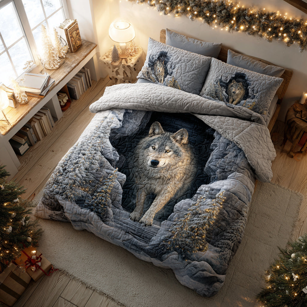 Forest Wolf Retreat 3-Piece Quilted Bedding Set NCU0HH1448