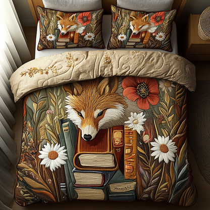 Fox and Books 3-Piece Quilted Bedding Set NCU0DV5774