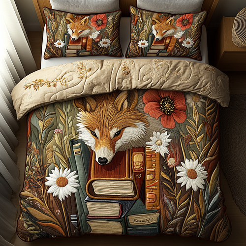 Fox and Books 3-Piece Quilted Bedding Set NCU0DV5774