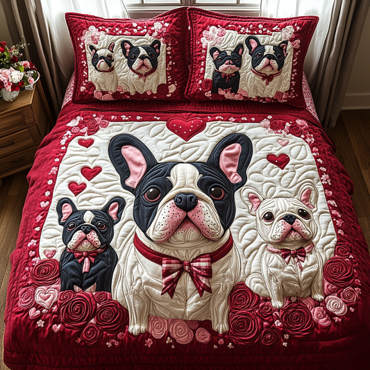 Frenchie and Roses 3-Piece Quilted Bedding Set NCU0DV2359